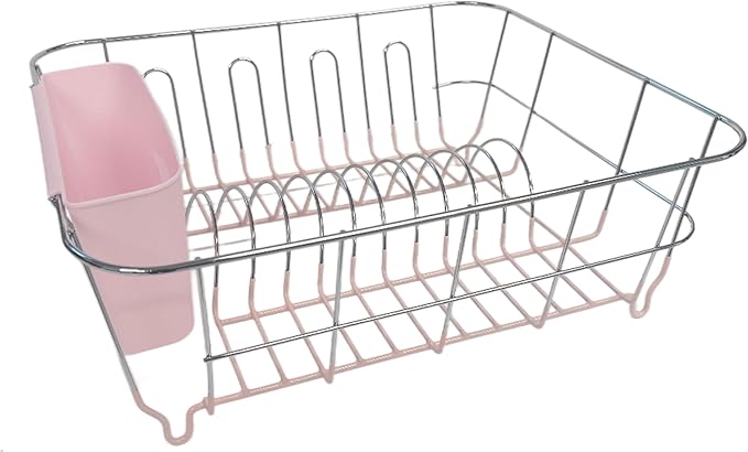 Dish Drying Rack & Cutlery Holder 2 Piece Set - Compact Sink-Fitting Dish Drainer with Rubberized Undercoating, Space-Saving Kitchen Organizer for Plates, Cups, Bowls & Utensils in Sink, Pale Pink by SweetHomeCollection