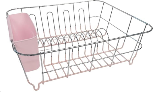Dish Drying Rack & Cutlery Holder 2 Piece Set - Compact Sink-Fitting Dish Drainer with Rubberized Undercoating, Space-Saving Kitchen Organizer for Plates, Cups, Bowls & Utensils in Sink, Pale Pink by SweetHomeCollection