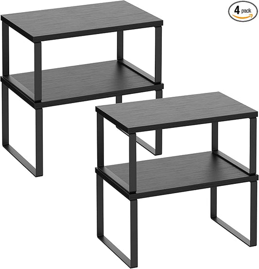 Kitchen Cabinet Organizer Shelf Set of 4, Sturdy Kitchen Counter Shelves with Metal Legs, Stackable Expandable Wood Spice Rack Pantry Cupboard Dish Mug Cup Storage Organizer Shelf, Black