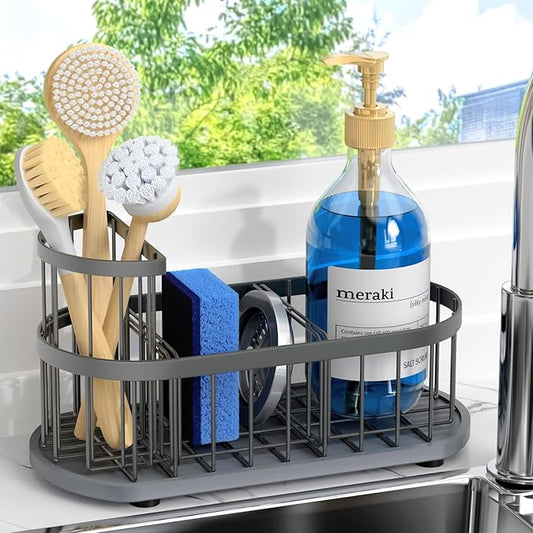 Sponge Holder for Kitchen Sink with High Brush Holder, [Stay-Dry Anywhere & No Drainage Needed] Rustproof Stainless Steel Kitchen Sink Caddy Organizer with Water Absorbing Stone Tray, Grey by HOKEMOM