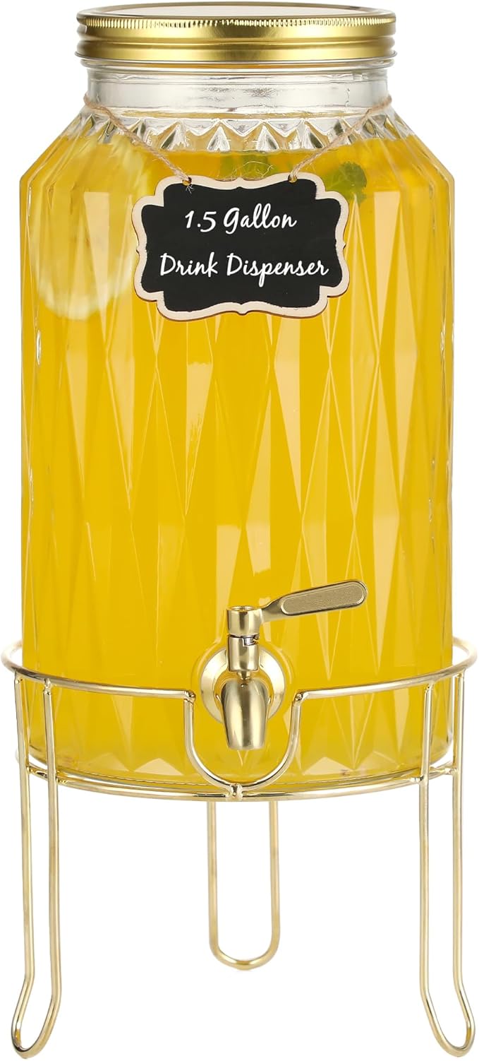 1.5 Gallon Glass Drink Dispenser with Stand – Large Beverage Dispenser with Stainless Steel Spigot, Chalkboard Tags & Marker – Glass Water Dispenser for Fridge, Parties, Weddings and Home Use,Glod by Unknown