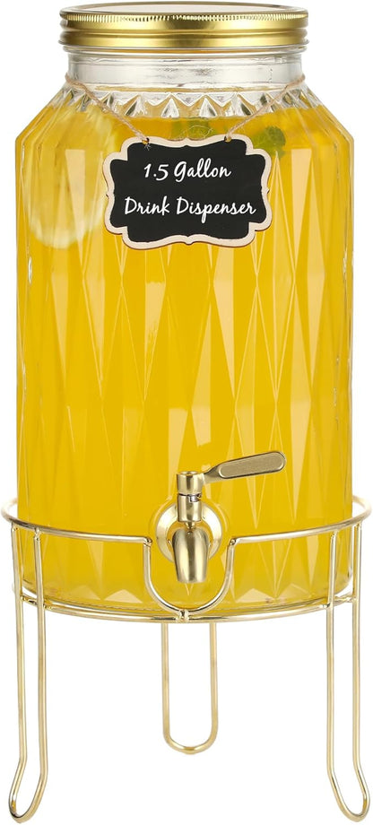1.5 Gallon Glass Drink Dispenser with Stand – Large Beverage Dispenser with Stainless Steel Spigot, Chalkboard Tags & Marker – Glass Water Dispenser for Fridge, Parties, Weddings and Home Use,Glod by Unknown
