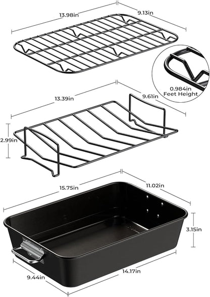 Turkey Roasting Pan with Rack Non stick Carbon Steel Roaster 16x11 Inch, Dishwasher Safe, Deep Baking Broiler Pan for Oven Chicken, Bacon, Black