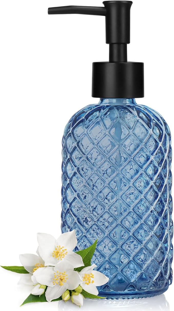 Topsky Gem Glass Soap Dispenser with Black Plastic Pump, 13oz Liquid Hand Soap Dispenser, Rustproof Pump for Kitchen & Bathroom, Great for Lotions, Essential Oil, Liquid Soaps-Blue by HomeandKitchenNO1