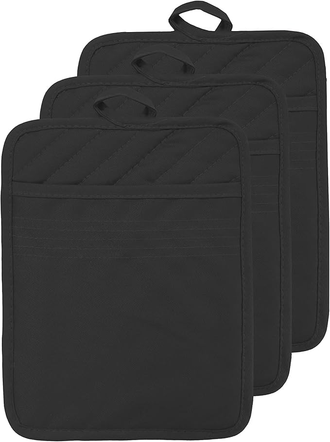 Oven Pot Holder with Pocket Cotton Heat Resistant Coaster Potholder Kitchen Hot Pad Oven Mitts for Cooking Square 7"x9" Set of 3 (Black) by VEIKERY