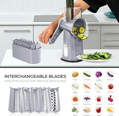 SUSTEAS Rotary Cheese Grater with Handle - Vegetable Shredder with 5 Well-designed Blades & Strong Suction Base,Round Mandoline Slicer & Food Chopper for Kitchen,with Blade Storage Box(Gray) - Image 5