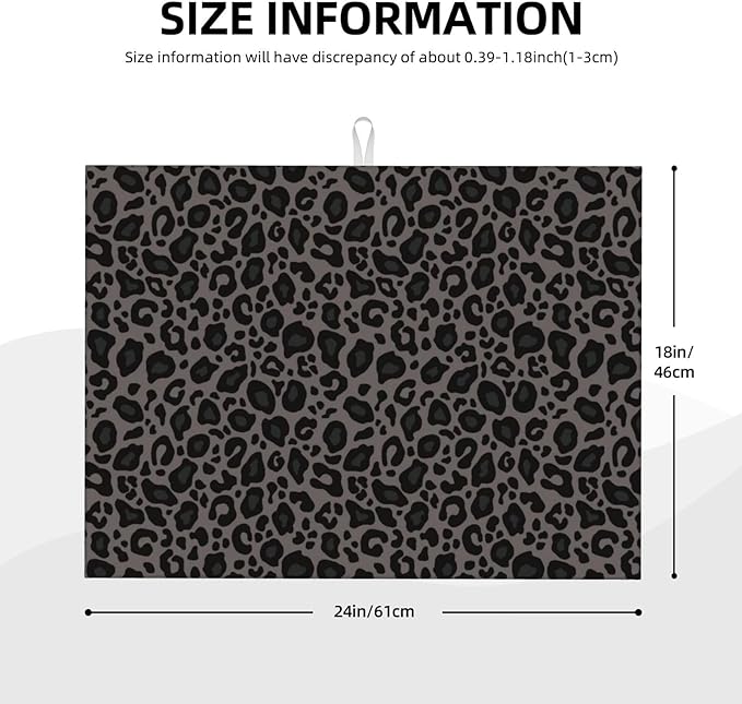 Black Grey Leopard Print Dish Drying Mat Cheetah Wild Animal Dark Skin Drying Rack Pad Countertop Dishes Ultra Absorbent Microfiber Kitchen Counter Mat 18x24 Inch