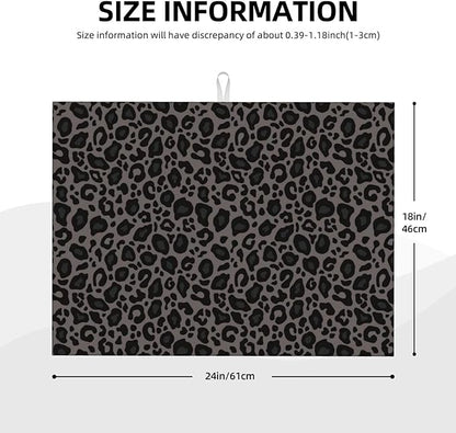 Black Grey Leopard Print Dish Drying Mat Cheetah Wild Animal Dark Skin Drying Rack Pad Countertop Dishes Ultra Absorbent Microfiber Kitchen Counter Mat 18x24 Inch