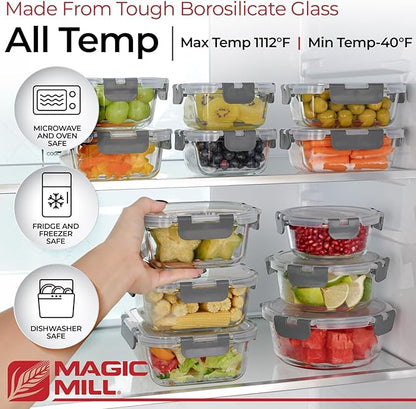 Magic Mill Premium Borosilicate Glass Food Storage Containers with lids Set | 24pc Sets with 12 Bowls & 12 Airtight Locking Lids for Lunch & Meal Prep, Safe for Oven, Freezer, Dishwasher, BPA-Free - Image 2