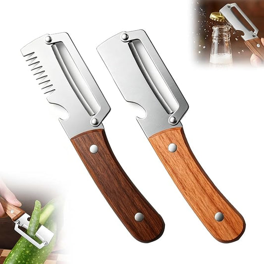 Multi-Functional Vegetable Peeler for Kitchen, 2026 New Stainless Steel Peeler with Wooden Handle and Bottle Opener, Kitchen Tool for Fruit Veggie Pumpkin, Gifts for Mom (MIX，2PC) by Unknown