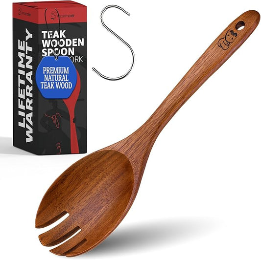 PriorityChef Premium Wooden Salad Servers - Handcrafted Teak Wood Spork - Durable Kitchen Utensil for Serving and Tossing Pasta & Sides - Nonstick Safe Wooden Salad Spoon and Fork Set Combined