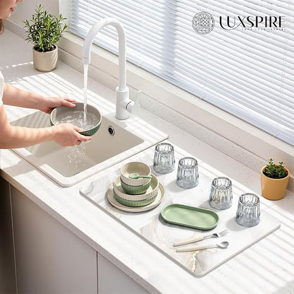 Luxspire Large Stone Drying Mat for Kitchen Counter 24"x16"- Fast-Absorbing Dish Drying Mat Non-Slip Stone Dish Drying Mat for Dishes, Cups Waterproof Counter Protector for Kitchen Bath, Marble Gold