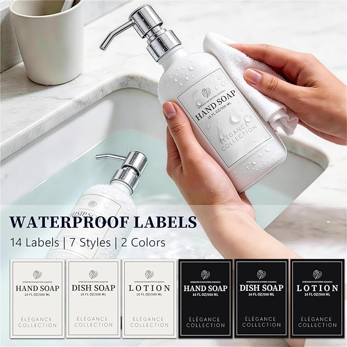White Glass Soap Dispenser Set of 2, 16oz Hand and Dish Soap Dispenser for Kitchen & Bathroom, Silver Stainless Steel Pump, Non-Slip Base, 14 Waterproof Labels, Minimalist Decor - Image 3