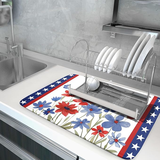 Giwawa 4th of July Flower Dish Drying Mat 18"x24" Independence Day Stars Dish Drainer Mats Watercolor Patriotic Floral Microfiber Dish Drying Rack Pad for Kitchen Countertop Large Decor