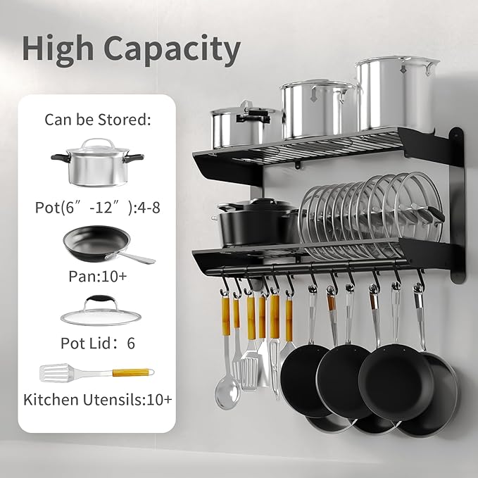 Taozun Pot Rack Wall Mounted 30 Inch, 2-Tier Heavy Duty Pot and Pan Hanging with 12 Hooks, Kitchen Cookware & Utensils Storage Hanger