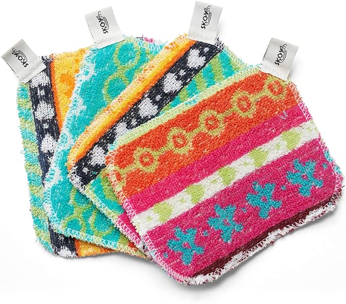 Skoy Scrub, 4-Pack Reusable, Non-Scratching Dish Scrubber for Kitchen and Household Cleaning, Planet-Friendly, Dishwasher Safe Soft Scrub, Assorted Colors and Designs by Skoy
