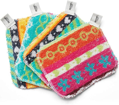 Skoy Scrub, 4-Pack Reusable, Non-Scratching Dish Scrubber for Kitchen and Household Cleaning, Planet-Friendly, Dishwasher Safe Soft Scrub, Assorted Colors and Designs by Skoy