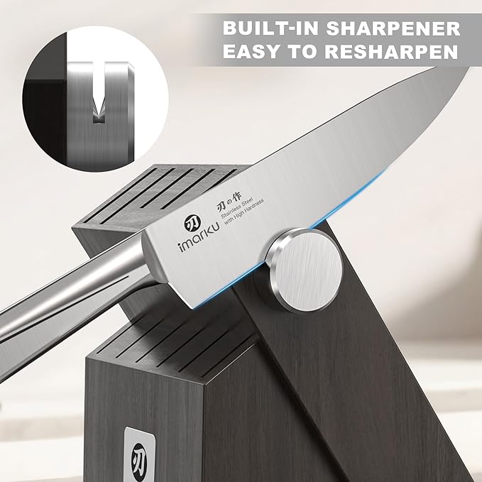 imarku Japanese High Carbon Stainless Steel Knife Set with Block, Precision-Forged Gyutou Kitchen Knives with Built-in Sharpener, Ultra-Sharp 10–15° Edge, Ergonomic Non-Slip Handle, Dishwasher Safe - Image 6