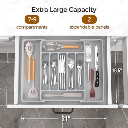 ukeetap Extra Large Expandable Silverware Organizer, BPA-Free Food-Safe Cutlery Flatware Organizer, Kitchen Utensil Drawer Organizer, Adjustable Silverware Holder for Spoons Forks Knives, Gray - Image 2