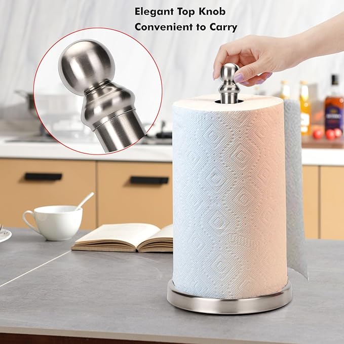 Paper Towel Holder Countertop, Standing Paper Towel Roll Holder for Kitchen Bathroom, with Weighted Base for One-Handed Operation (Brushed Nickel) - Image 2