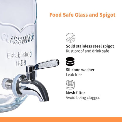 2 Pack1Gallon Glass Drink Dispenser with Stand&Bamboo Lids&Fruit Infuser,304 Stainless Steel Leak-Proof Spigot,Beverage Dispenser for Parties,Water Sangria Juice Sun Tea Lemonade(Brown)