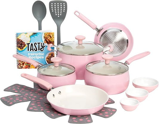 Tasty Clean Ceramic Non-Stick Aluminum Cookware Set, Tempered Glass Lid, Dishwasher Safe, 16-Piece, Pink