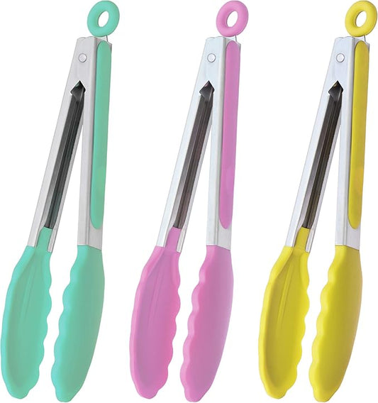 HINMAY Stainless Steel Kitchen Cooking Tongs with Silicone Tips 9-Inch Serving Tongs, Set of 3 (Mint Pink Yellow) by HINMAY