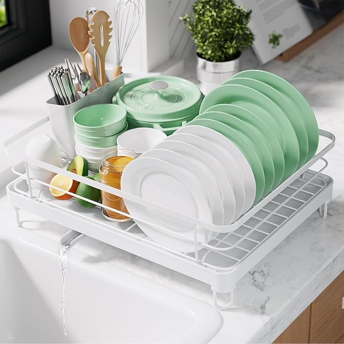 Kitsure Dish Drying Rack for Kitchen Counter, Stainless Steel Sink Organization and Storage Essentials with Cutlery Holder, Home and Appartment Decor, 12.7''W x 16.7''L, White by Kitsure