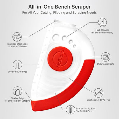 5-in-1 Dough Scraper & Flexible Bowl Scraper by Nextrend, Bread Scraper with Stainless Steel Edge, Ruler & Herb Stripper – BPA Free, Dishwasher Safe - Red - Image 3
