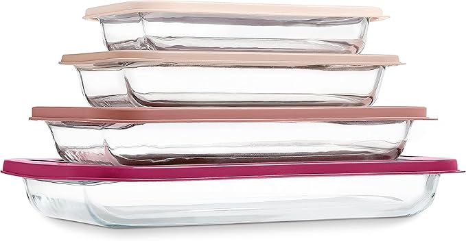 COOK WITH COLOR 8-Piece Deep Glass Baking Dish Set with Plastic Lids – Casserole and Food Storage Containers for Lasagna, Leftovers – Freezer-to-Oven, Microwave & Dishwasher Safe, Rose by CookwithColor