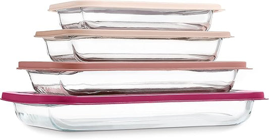 COOK WITH COLOR 8-Piece Deep Glass Baking Dish Set with Plastic Lids – Casserole and Food Storage Containers for Lasagna, Leftovers – Freezer-to-Oven, Microwave & Dishwasher Safe, Rose by CookwithColor