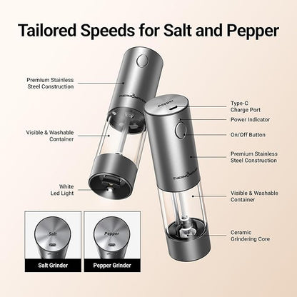ThermoMaven Electric Salt and Pepper Grinder Set, 110ml Larger Rechargeable Automatic Salt and Pepper Mill Grinder with 6 Adjustable Coarseness, Electric Salt and Pepper Shakers, LED, Midnight Black - Image 6