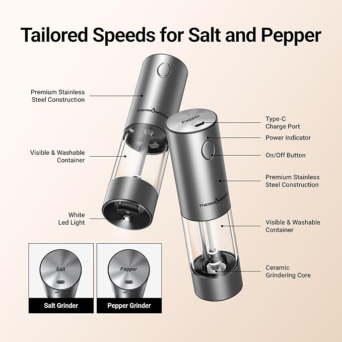 ThermoMaven Electric Salt and Pepper Grinder Set, 110ml Larger Rechargeable Automatic Salt and Pepper Mill Grinder with 6 Adjustable Coarseness, Electric Salt and Pepper Shakers, LED, Burnt Orange - Image 6