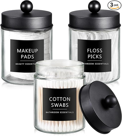SheeChung 3-Pack Black Glass Apothecary Jars - Rust-Proof Stainless Steel Qtip Holder Set - Modern Farmhouse Bathroom Vanity Organizer for Cotton Swabs, Balls, Pads - Countertop Storage Canister