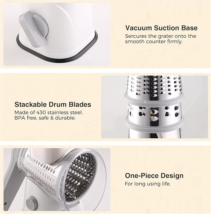 Rotary Cheese Grater Hand Crank, Kitchen Mandolin Vegetable Cheese Shredder with 3 Interchangeable Blades,Easy Clean Rotary Grater with Handle,Kitchen Grater Grinder for Cutting Cheese,Vegetable Nuts - Image 7