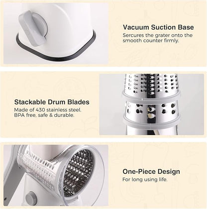 Rotary Cheese Grater Hand Crank, Kitchen Mandolin Vegetable Cheese Shredder with 3 Interchangeable Blades,Easy Clean Rotary Grater with Handle,Kitchen Grater Grinder for Cutting Cheese,Vegetable Nuts - Image 7