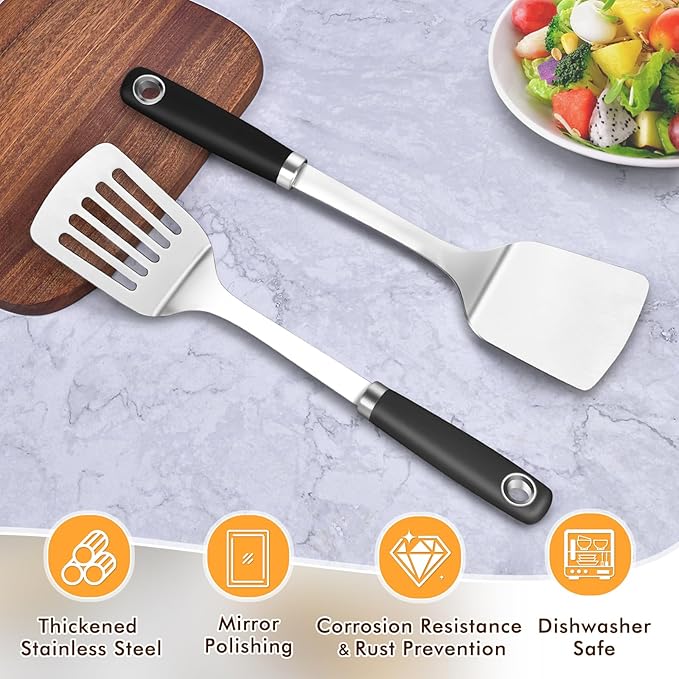 Stainless Steel Spatula, Metal Spatula Slotted Turner, Heavy Duty Sturdy Spatulas for Kitchen Use, High Heat Resistant Cooking Utensils for Fish Eggs Pancakes, Dishwasher Safe, Easy to Clean, Silver - Image 2