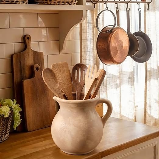 Potchen Rustic Kitchen Utensil Holder with Handle,7.48" H Ceramic Vintage Utensil Crock for Countertop, Farmhouse Kitchen Decoration Ceramic Pot for Spatulas Spoons Tongs(Classic,Antique Beige) - Image 6