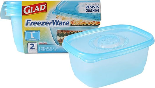 Glad Gladware Freezerware Food Storage Containers, Large Rectangle Holds 64 Ounces of Food, 2 Count Set | Tupperware, Plastic Food Container, Meal Prep Container, Plastic Containers with Lids