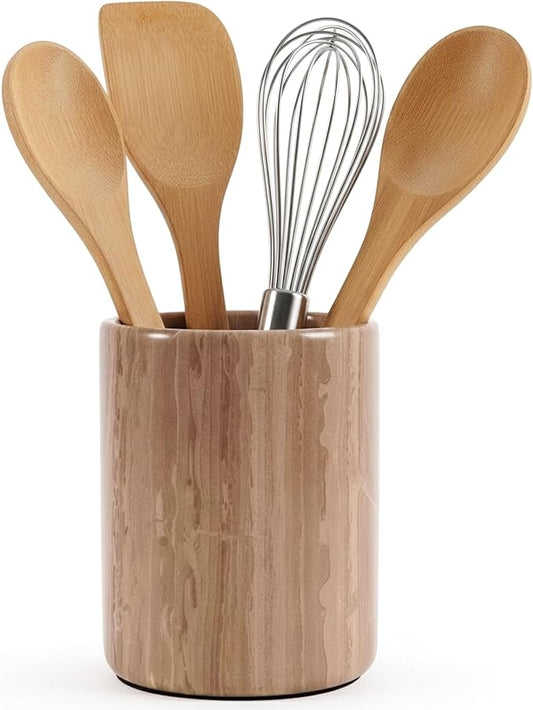 Radicaln Marble Utensil Holder 6.5" Inches Natural Brown Handmade Spatula Set for Kitchen Counter, Cooking Utensils Jar & Kitchen Essentials Organizer, Ideal Utensil Caddy & Spoons Holder