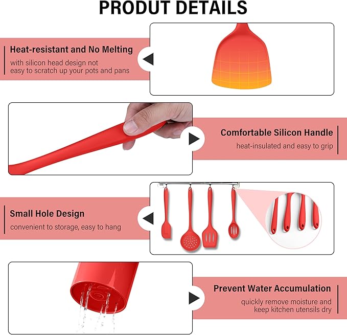 HaWare 11 PCS Silicone Cooking Utensils Set, Heat Resistant Kitchen Utensils with Holder, Food-grade Spatula Sets for Nonstick Cookware, Kitchen Tools Gadgets Include Fish Turner, Spoon (Red) - Image 4