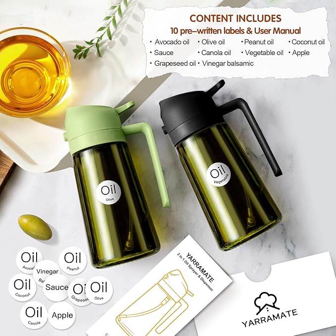 YARRAMATE 16oz/470ml Light Blocking Oil Sprayer for Cooking with Stickers, Food-Grade 2 in 1 Olive Oil Dispenser Bottle for Kitchen, Premium Dark Green Glass Oil Bottle for Air Fryer, BBQ (Green) - Image 3
