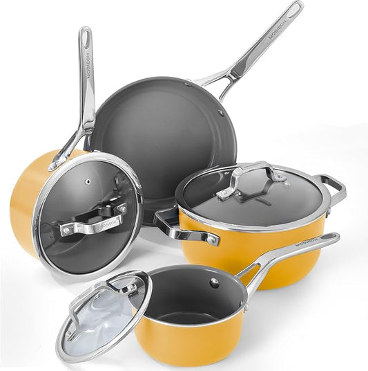 7-Piece Ceramic Nonstick Cookware Set with Lids - PFAS/PTFE/PFOA Free, Interior & Exterior Ceramic Coating -Easy to Clean- Kitchen Storage-All Stovetop Compatible & Oven-Safe up to 480°F