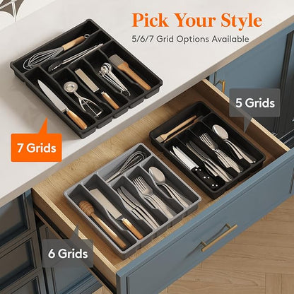 Lifewit Silverware Drawer Organizer Tray, Plastic Cutlery Storage for Kitchen, Flatware and Utensil Holder Divider for Spoons Forks Knives Tableware, 12.3 x 14.2", 7 Slots, Black - Image 8