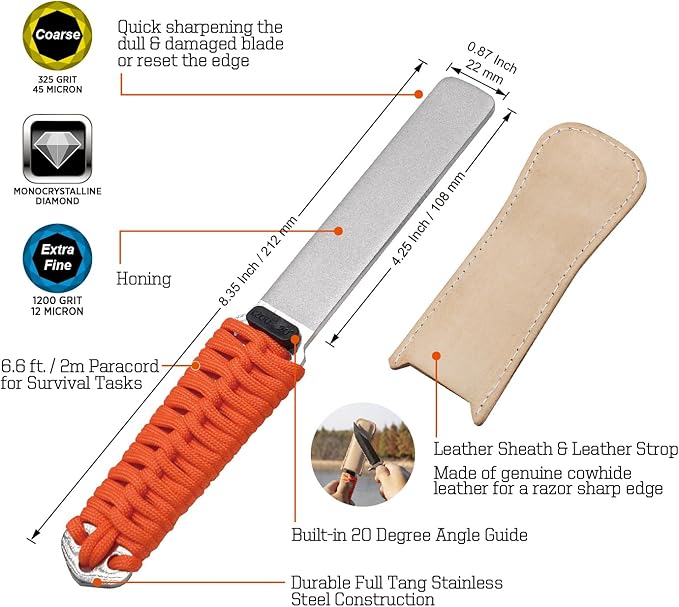 SHARPAL 181N Dual-Grit Diamond Sharpening Stone File Garden Tool Knife Sharpener with Leather Strop Coarse 325 / Extra Fine 1200 Grit for Lawn Mower Blade, Axe, Hatchet, Hedge Shears, Chisels, Drills - Image 2