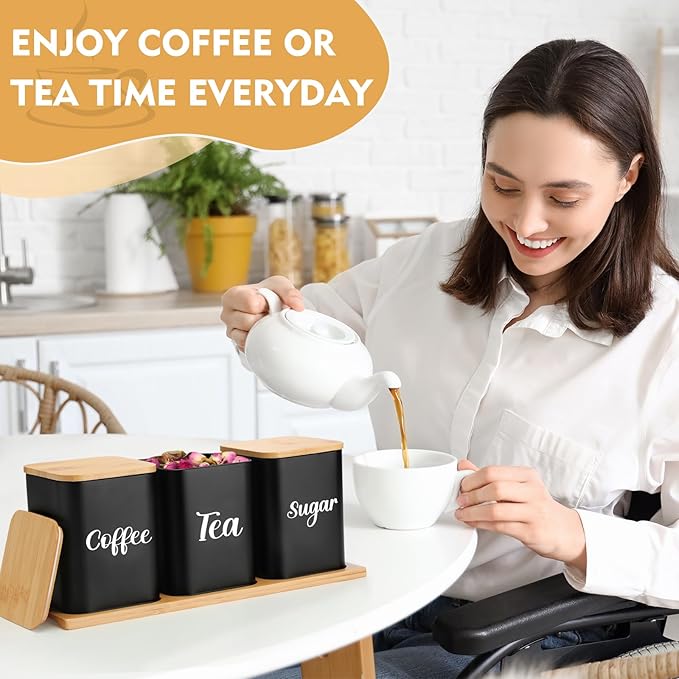 Tioncy Coffee Tea Sugar Container with Tray Set of 3 Airtight Metal Canister with Bamboo Lid Tray for Kitchen Counter Dining Room Farm House Kitchen Style Drink Station Organizer Set (Black) - Image 6