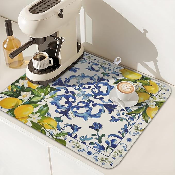 Lemon Dish Drying Mat 18x16 Inch, Blue Tiles Drying Mat with Absorbent Reversible Microfiber, Italian Olive Tree Dish Drainer Mats Summer Rack Pad for Coffee Countertop Kitchen Protector