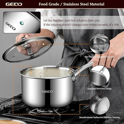 GEDO 3-Ply 304 Stainless Steel Saucepan with Lid, One-Piece Rivet-Free & Seamless Design, Angled Spout & Heat-Resistant Handle, Universal Stovetop Compatible for Indoor Cooking (6.3in / 16cm Size) - Image 4
