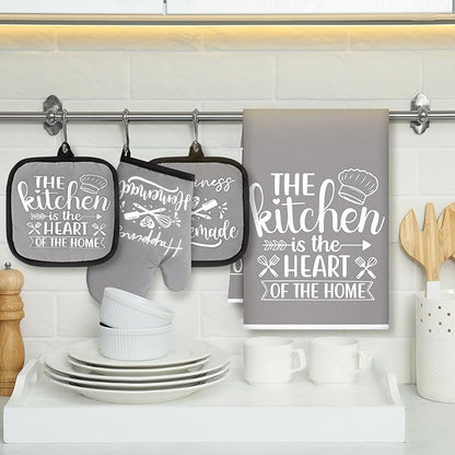 Sratte 6 Pcs Kitchen Decor Accessories Set Farmhouse Towels Pot Holders Oven Mitts Set 2 Dish Towels 2 Potholders 2 Cooking Mittens Oven Glove for Christmas Baking Cooking Supply(Gray,Kitchen) - Image 3