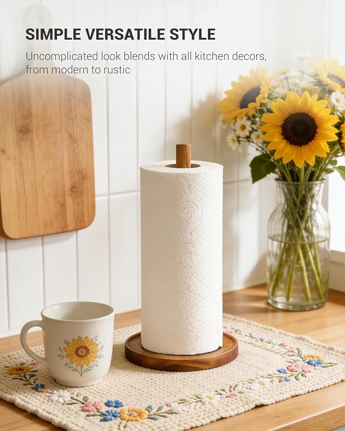 NESAPTO Paper Towel Holder Countertop, Wooden Standing Paper Towel Roll Stand for Rustic Farmhouse & Cottagecore Decor, Kitchen Bathroom Essential, Brown - Image 2